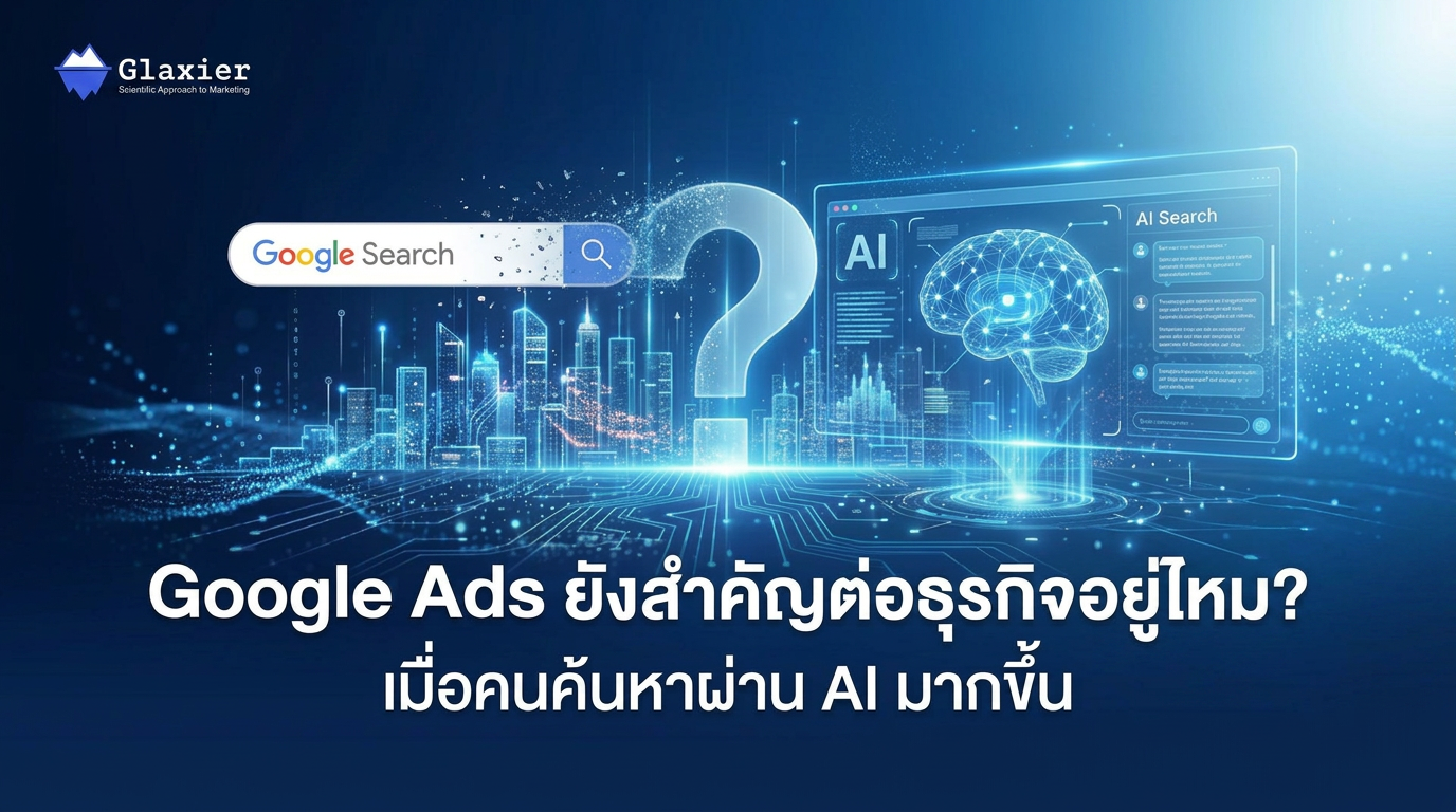 ภาพหน้าปกบทความสำหรับ Glaxier Digital Marketing Agency ในสไตล์ Premium Corporate Technology Editorial Cover โดยให้ภาพสะท้อนการเปลี่ยนแปลงของพฤติกรรมการค้นหาจาก Google Search ไปสู่ AI Search
