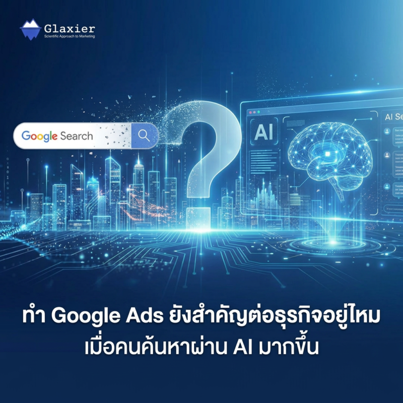 ภาพหน้าปกบทความสำหรับ Glaxier Digital Marketing Agency ในสไตล์ Premium Corporate Technology Editorial Cover โดยให้ภาพสะท้อนการเปลี่ยนแปลงของพฤติกรรมการค้นหาจาก Google Search ไปสู่ AI Search